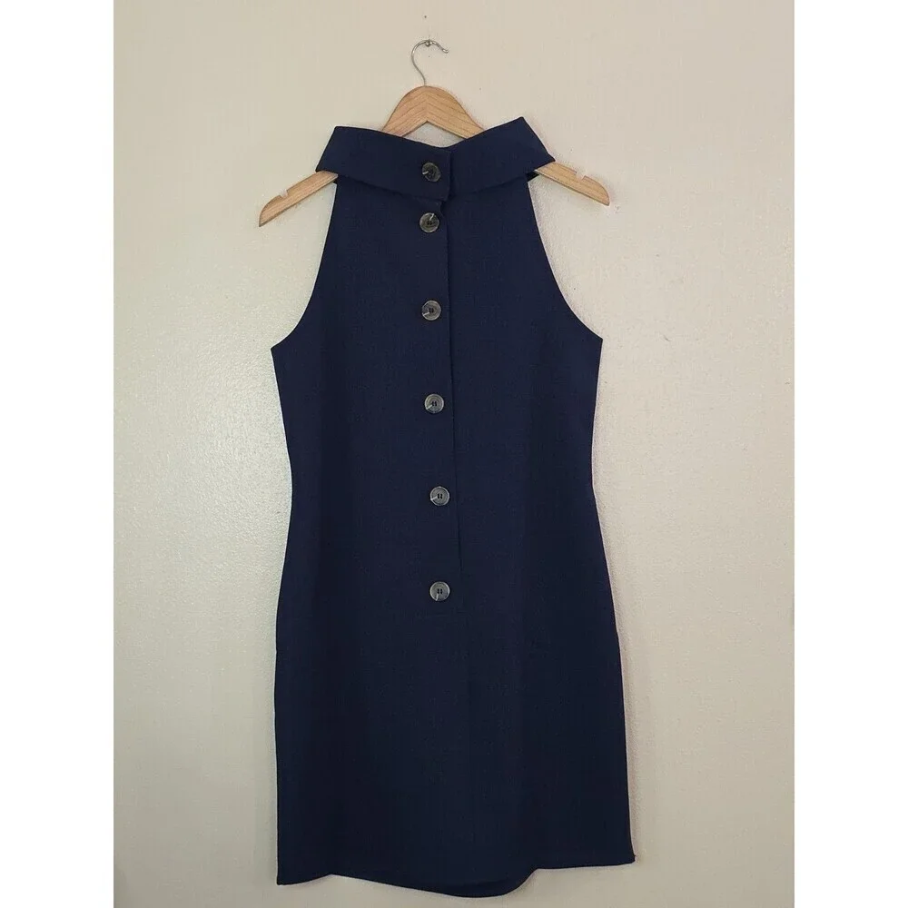 STS Sail to Sable Navy Cowl Neck Sheath Dress Medium Sleeveless Back Button New